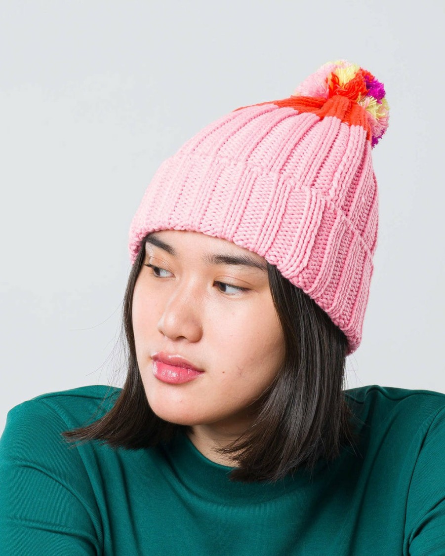 Accessories Verloop | Chunky Colorblock Pom Beanie - Pink