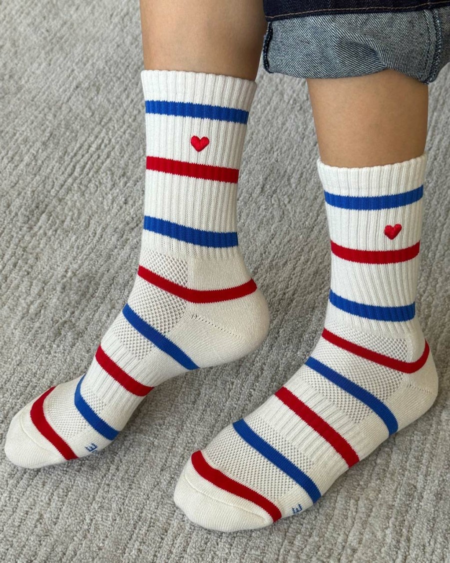 Accessories Le Bon Shoppe | Embroidered Striped Boyfriend Socks - Red, Blue + Heart