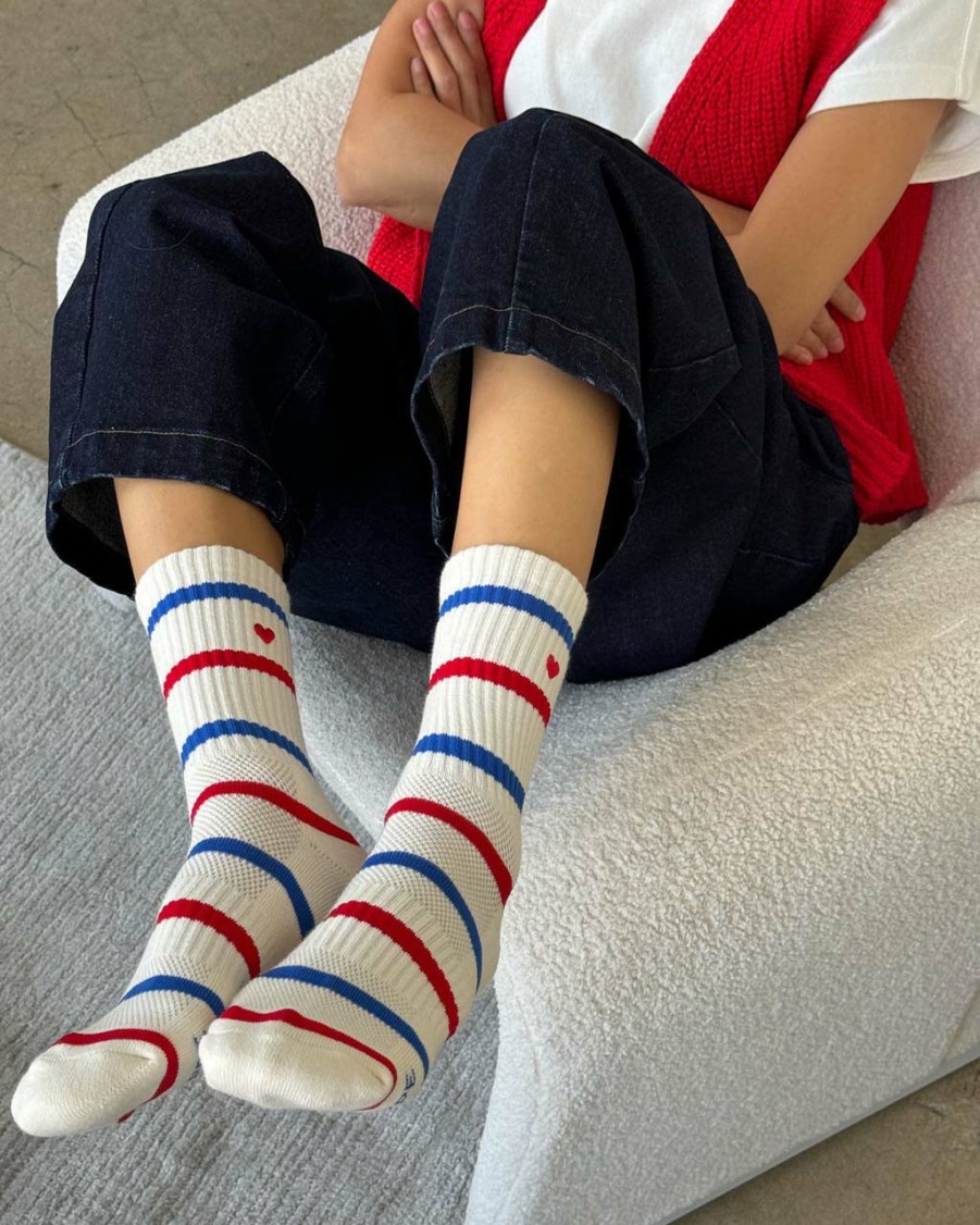 Accessories Le Bon Shoppe | Embroidered Striped Boyfriend Socks - Red, Blue + Heart