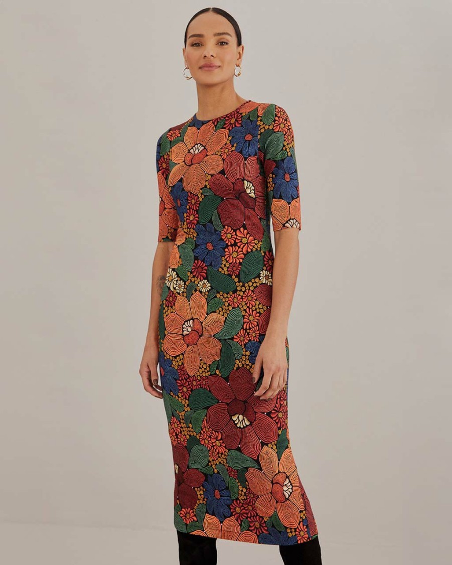 Clothing Farm Rio | Black Stitched Flowers Midi Dress