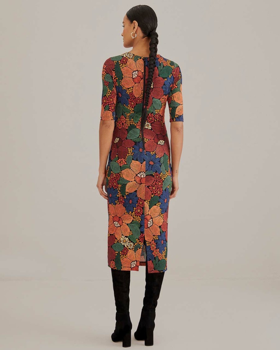 Clothing Farm Rio | Black Stitched Flowers Midi Dress