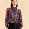 Clothing Farm Rio | Blue Tropical Gold Pleated Long Sleeve Blouse