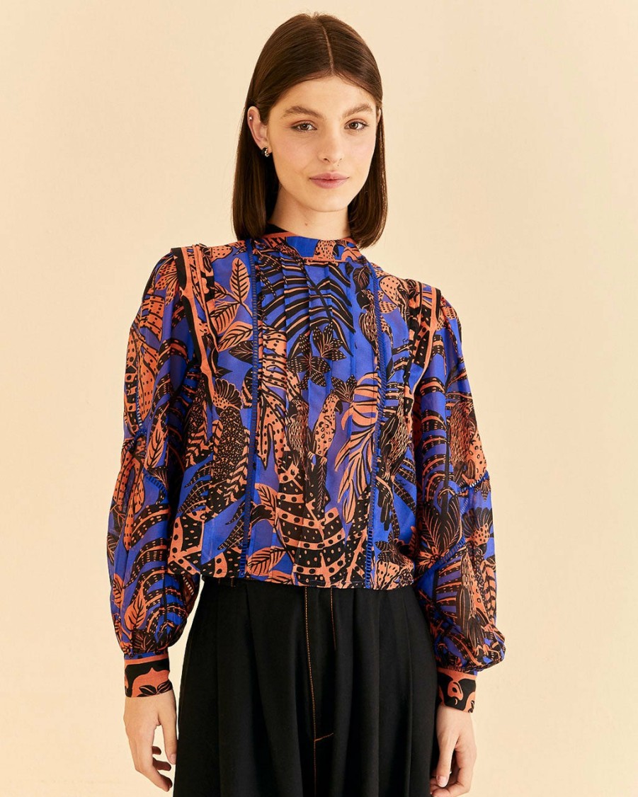 Clothing Farm Rio | Blue Tropical Gold Pleated Long Sleeve Blouse