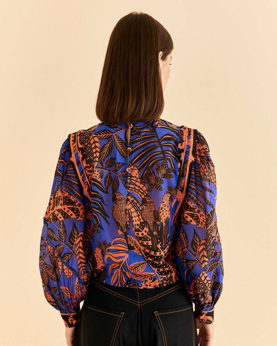 Clothing Farm Rio | Blue Tropical Gold Pleated Long Sleeve Blouse