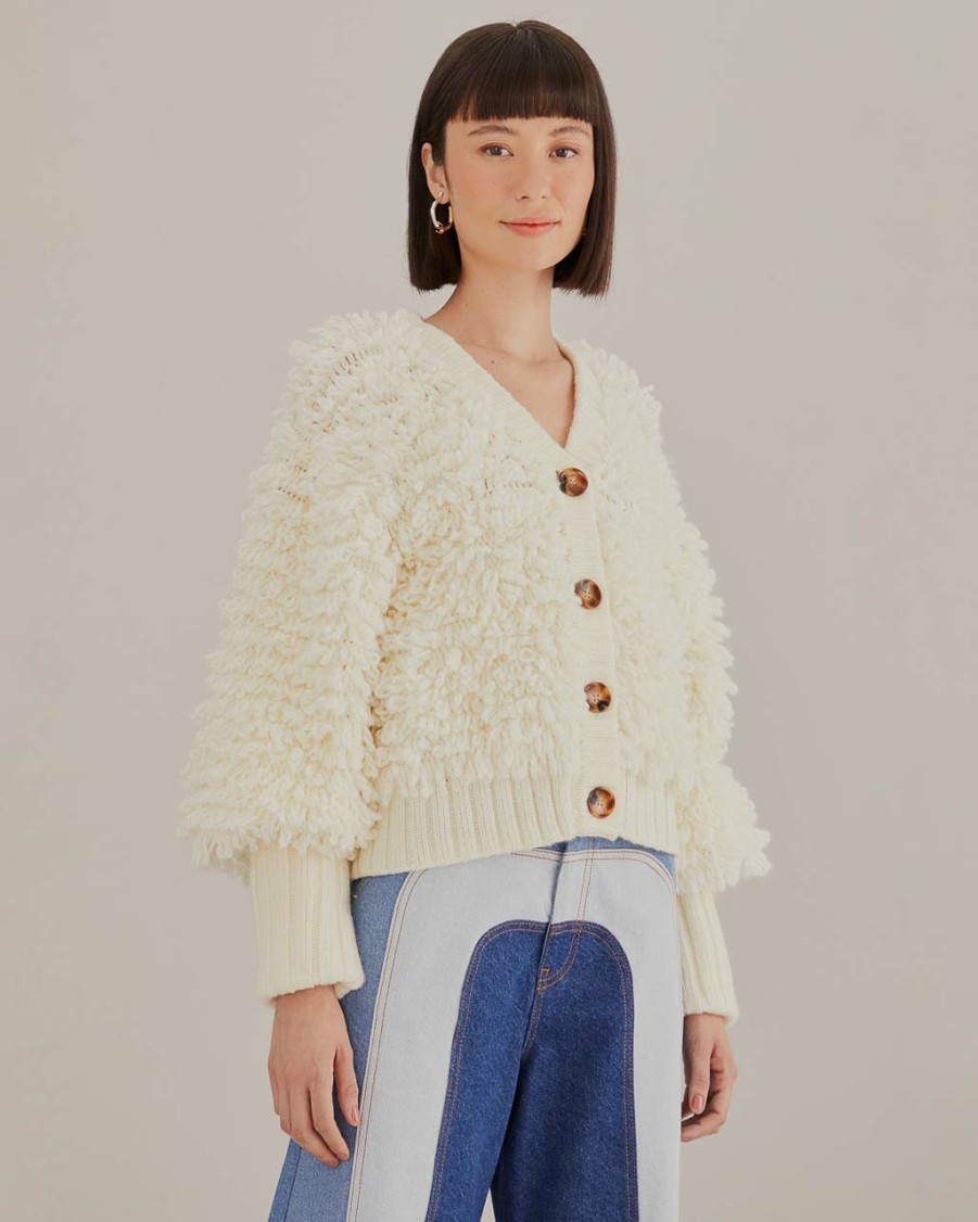 Clothing Farm Rio | Off-White Textured V-Neck Cardigan