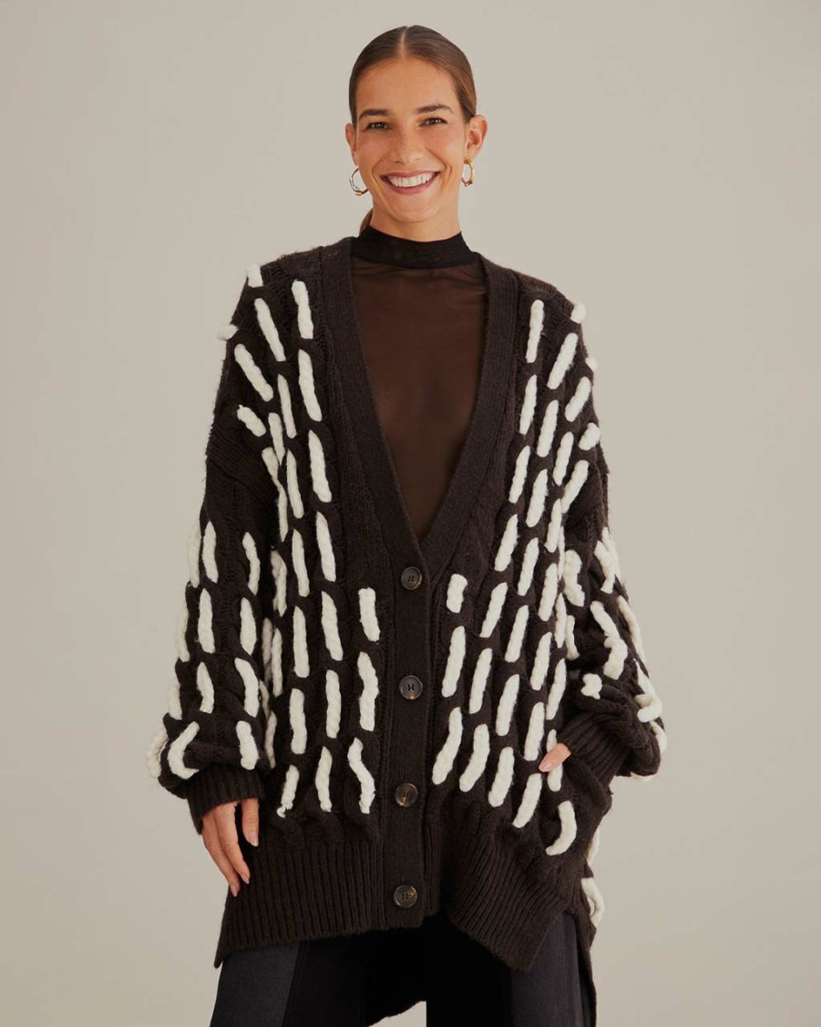 Clothing Farm Rio | Black And White Textured Knit Cardigan