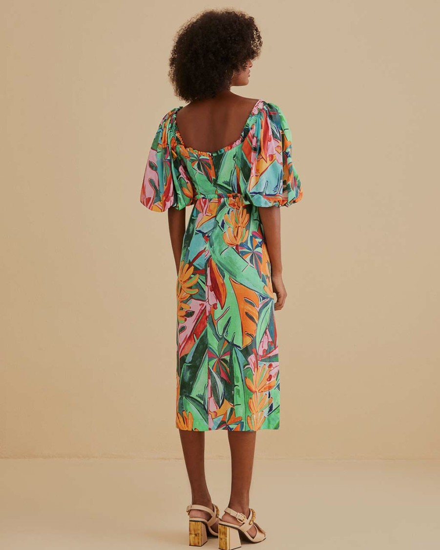 Clothing Farm Rio | Multicolor Banana Foliage Puff Sleeve Midi Dress