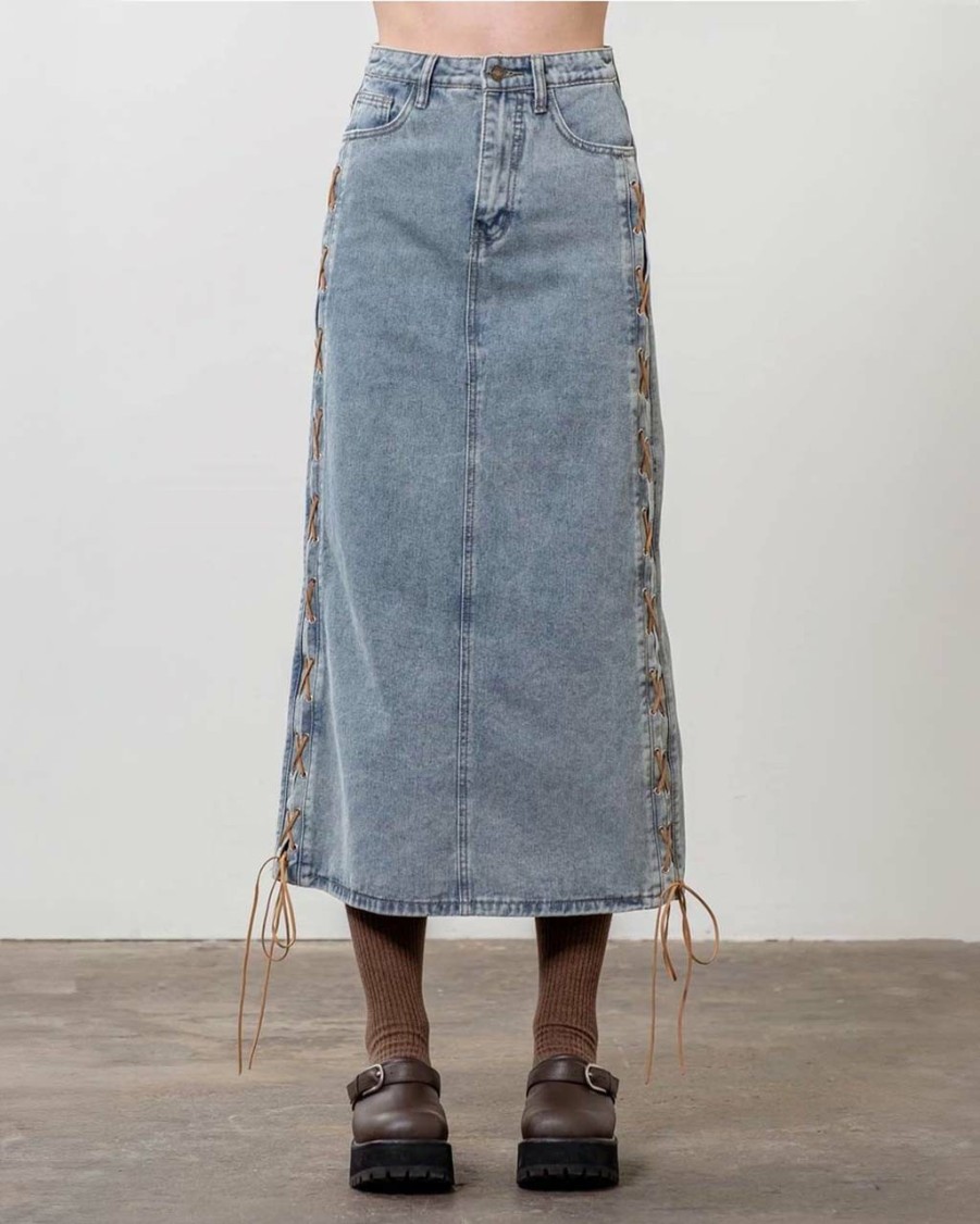 Clothing Moon River | Denim Suede Strap Midi Skirt