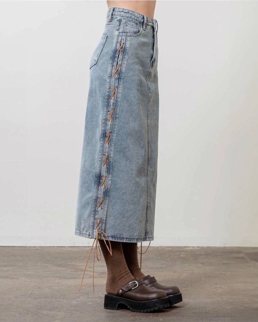 Clothing Moon River | Denim Suede Strap Midi Skirt