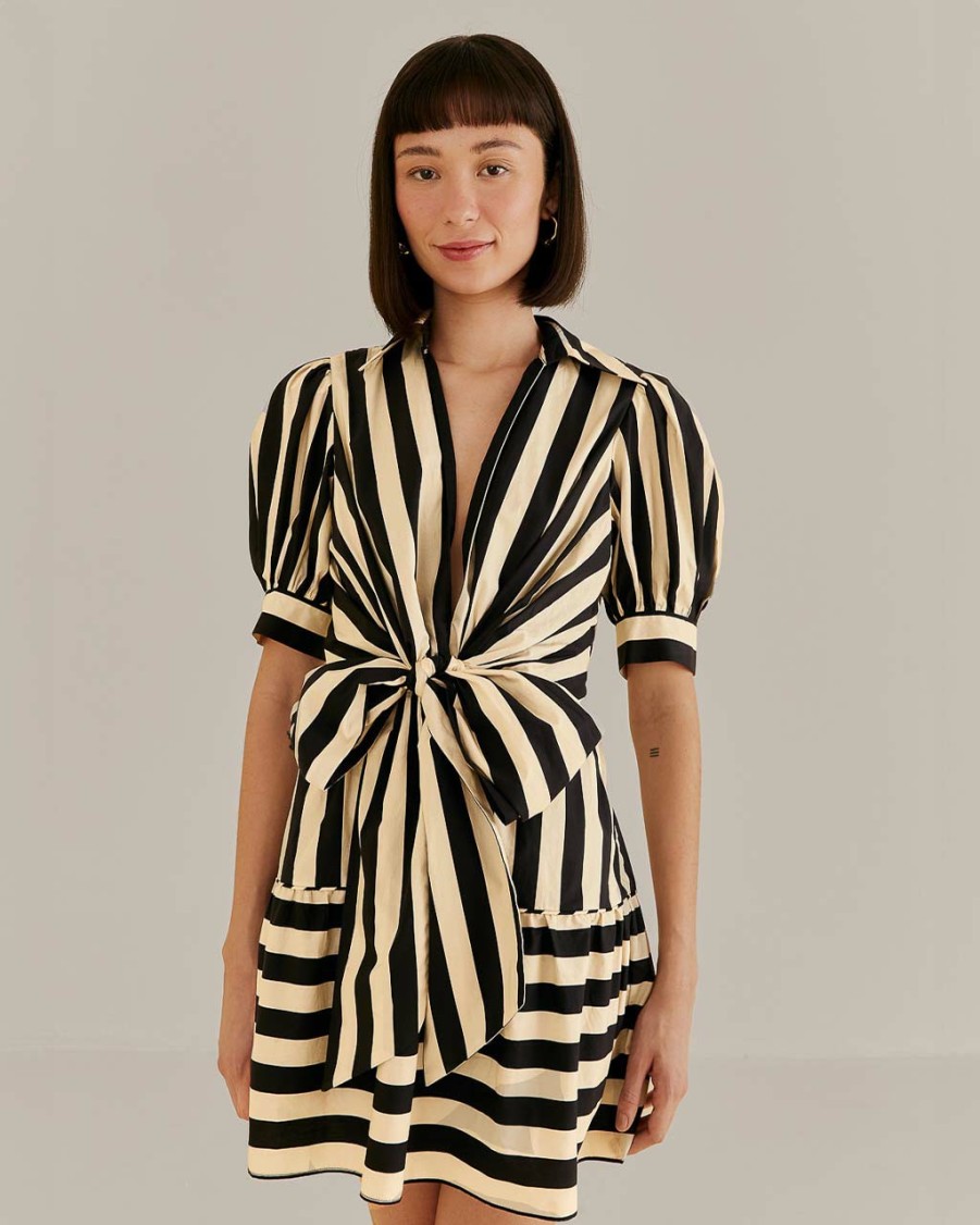 Clothing Farm Rio | Black Mixed Stripes Short Sleeve Mini Dress