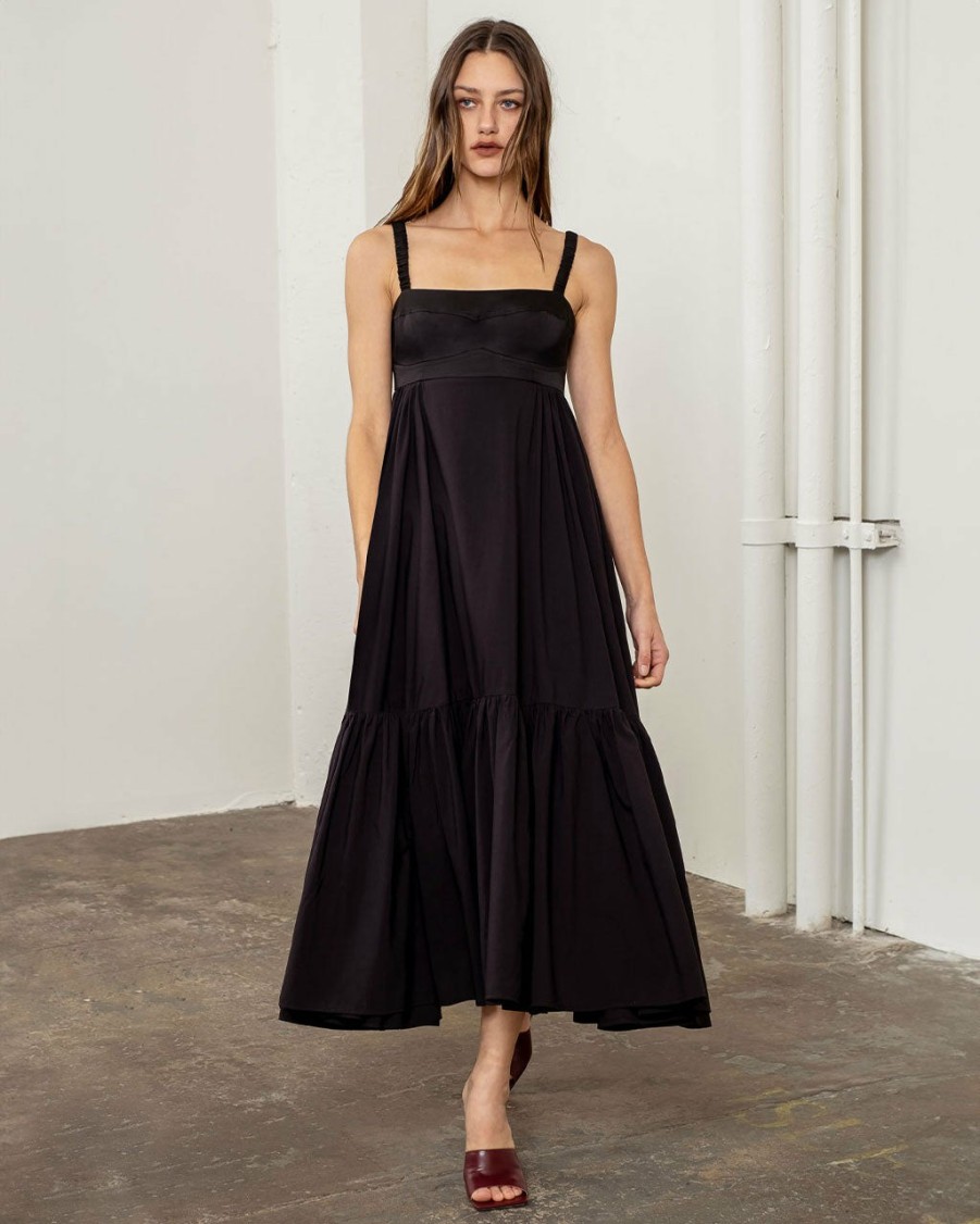 Clothing Moon River | Black Square Neck Tiered Midi Dress